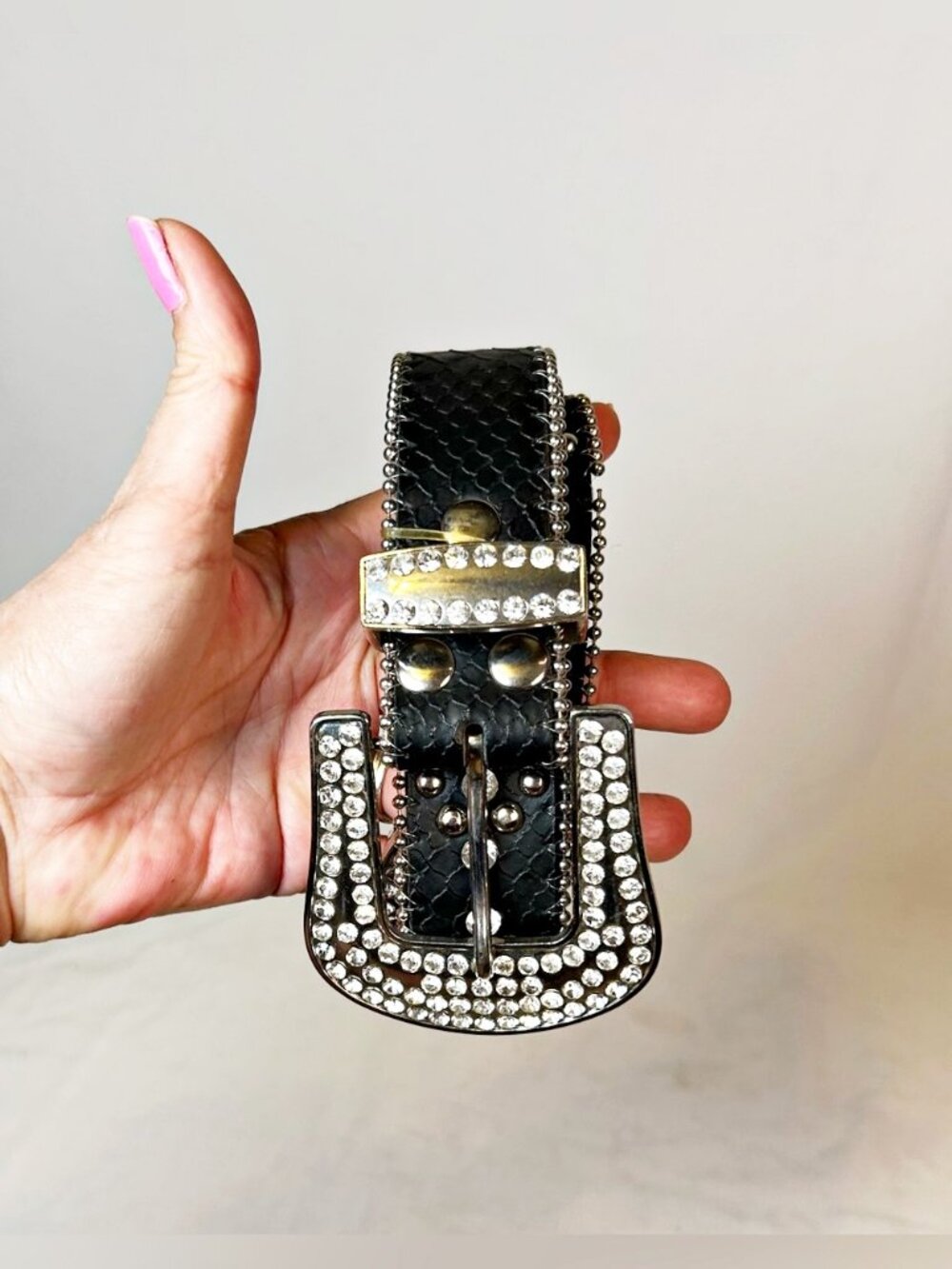 Black Genuine Leather Snakeskin Embossed Rhinestone Cowgirl Western Belt~M/L~